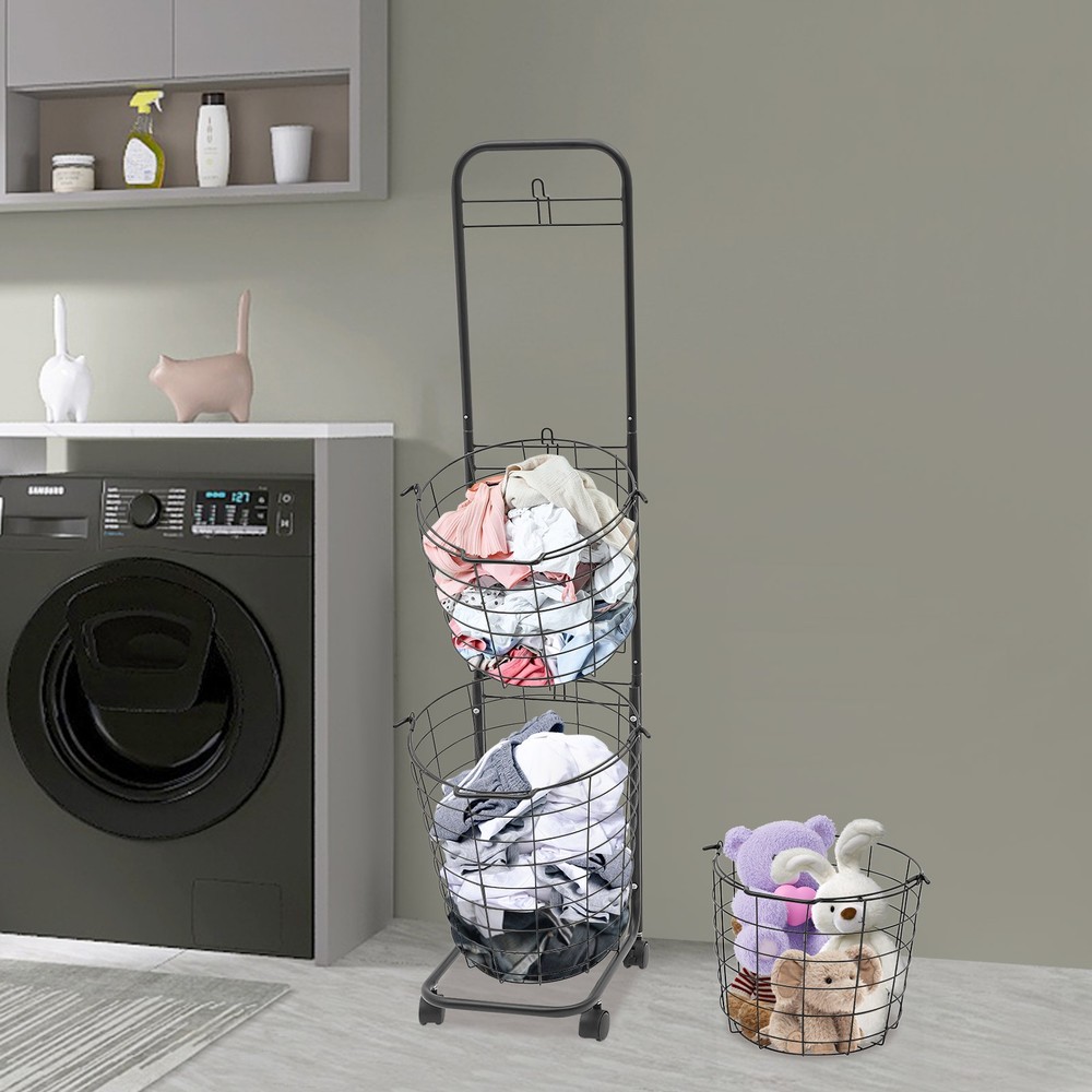 3 Tier Rolling Laundry Hamper with 3 Removable Wire Basket & 4 Universal Wheels