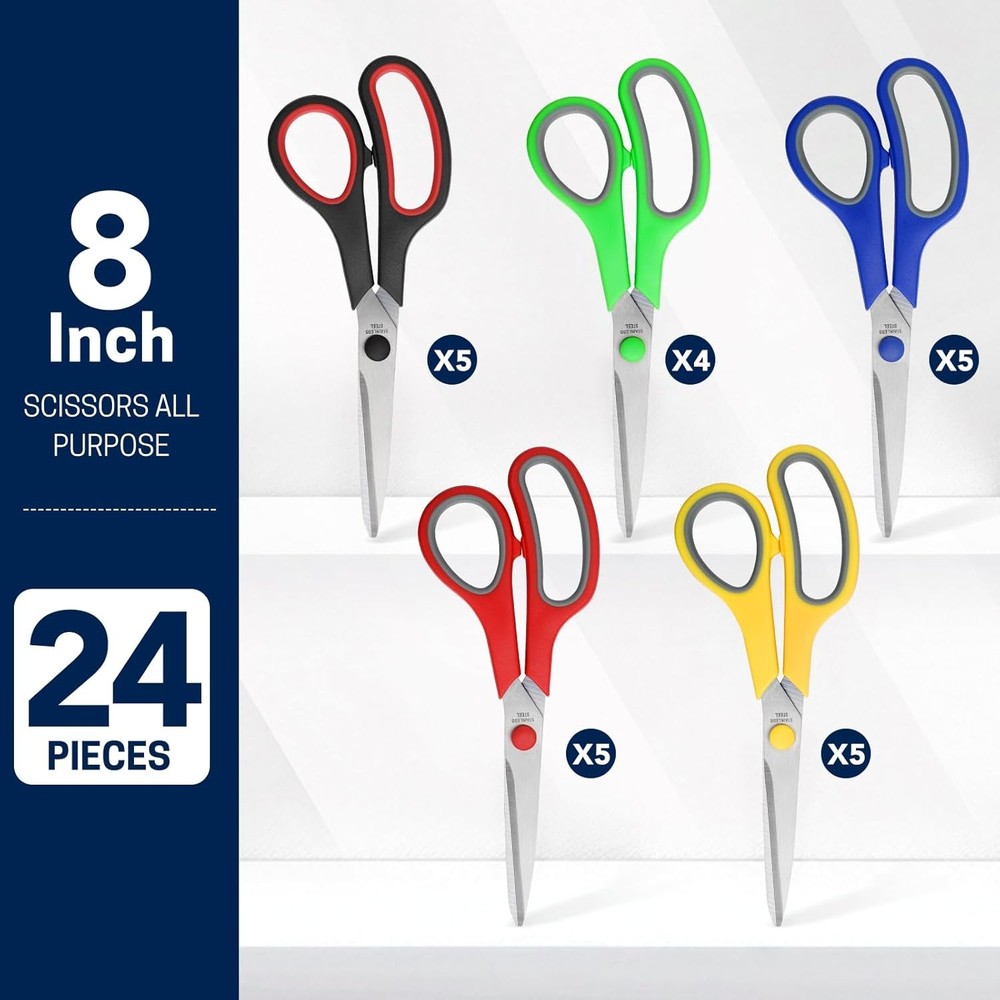 24 Pack 8" All Purpose Heavy Duty Sharp Scissors Bulk for Office School Home