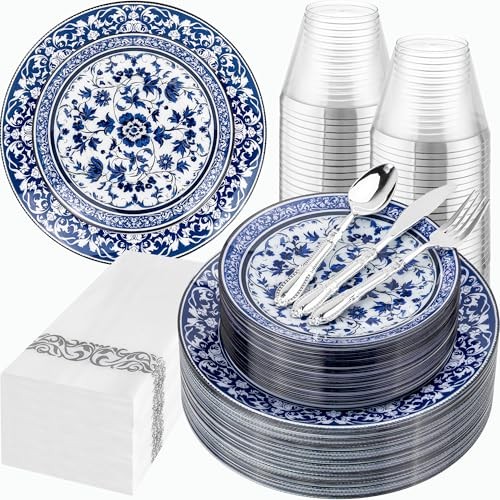 175PCS Blue Plastic Plates - Floral Disposable Dinnerware Set White and Blue