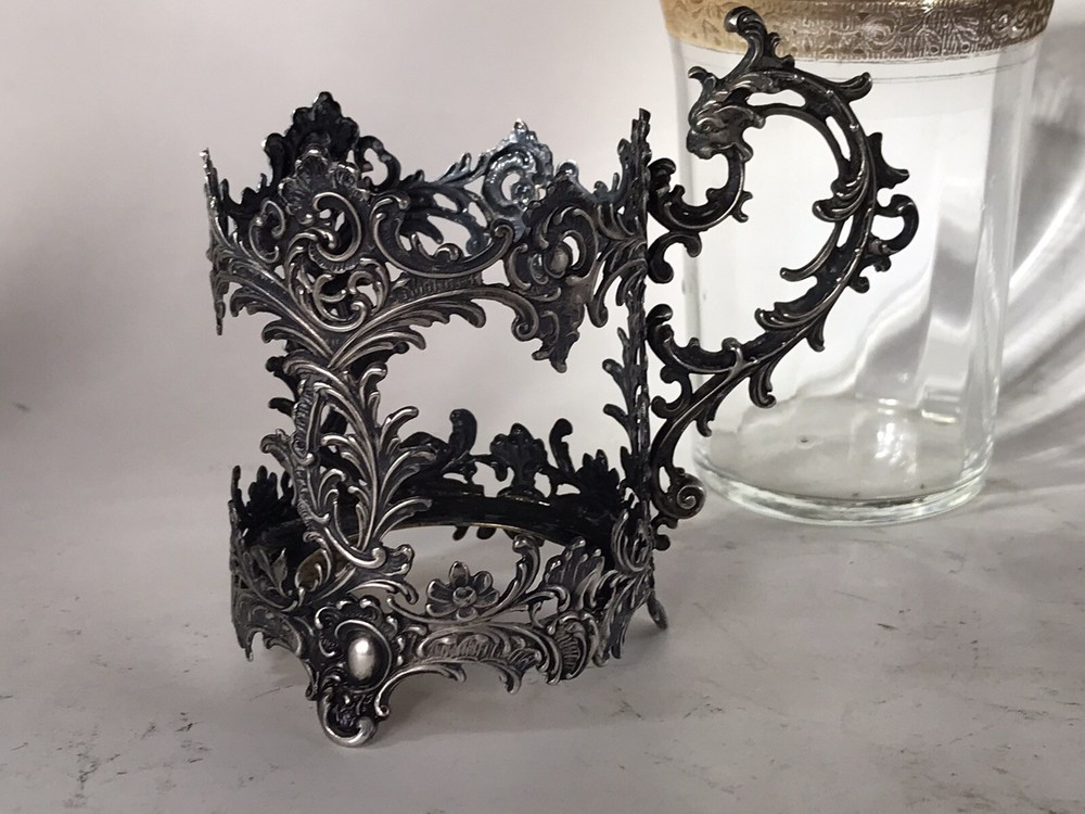 Antique Solid Silver 800 Tea Glass Holder With Glass