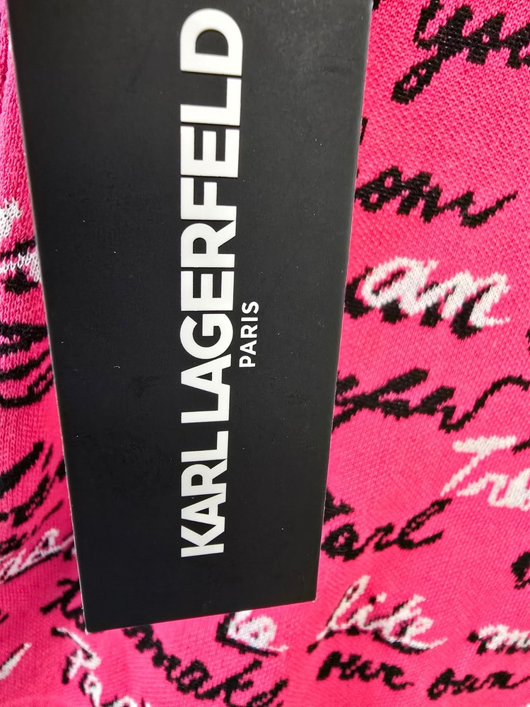 KARL LAGERFELD PARIS Allover Script Sweater Women's XS Teaberry Multi Pullover