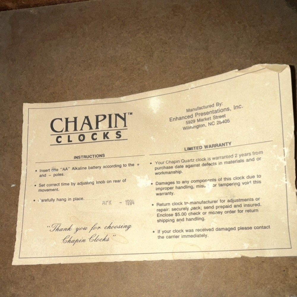 Chapin Rectangular Quartz Advertising Wall Clock White Green Blue Brown 1994