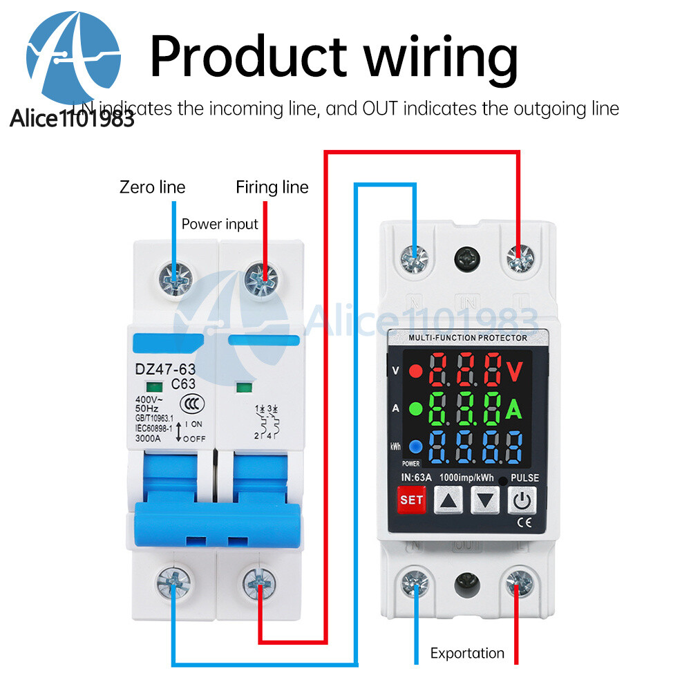 Voltage Current Power Meter 35mm Rail Overcurrent Undervoltage Protector 63A