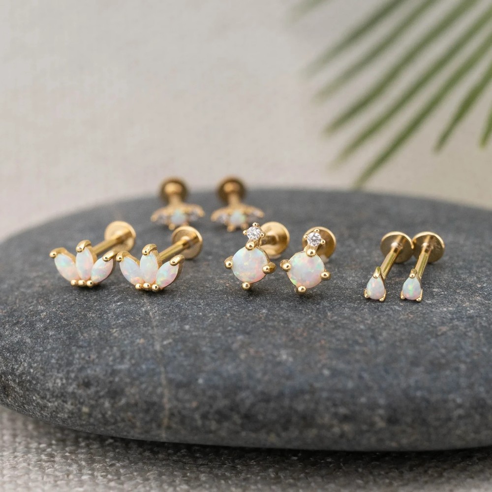 925 Solid Sterling Silver Tiny fire opal flat back studs 14K Gold Vermeil