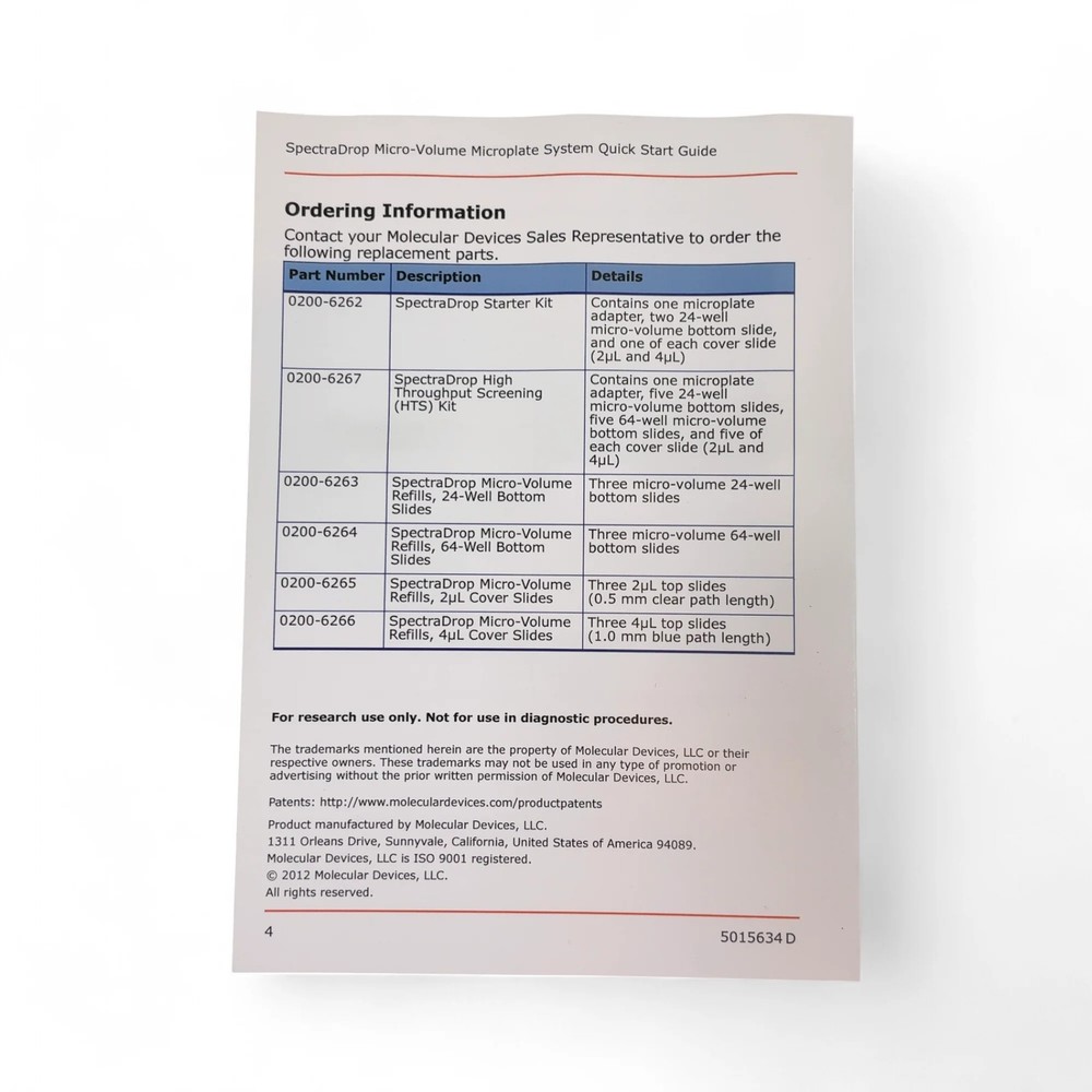 Molecular Devices SpectraDrop Starter Kit 0200-6262 Microplate Adapter & Slides