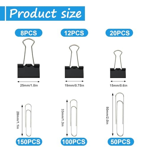 Binder and Paper Clips Set, 340 pcs Assorted Sizes in Container Black&silver