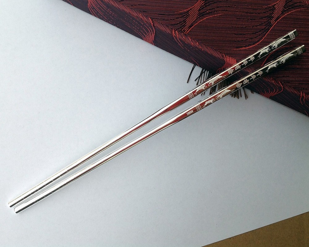Chinese Authentic Sterling Silver 70g Home Tableware Solid Chopsticks 年年有余(鱼)