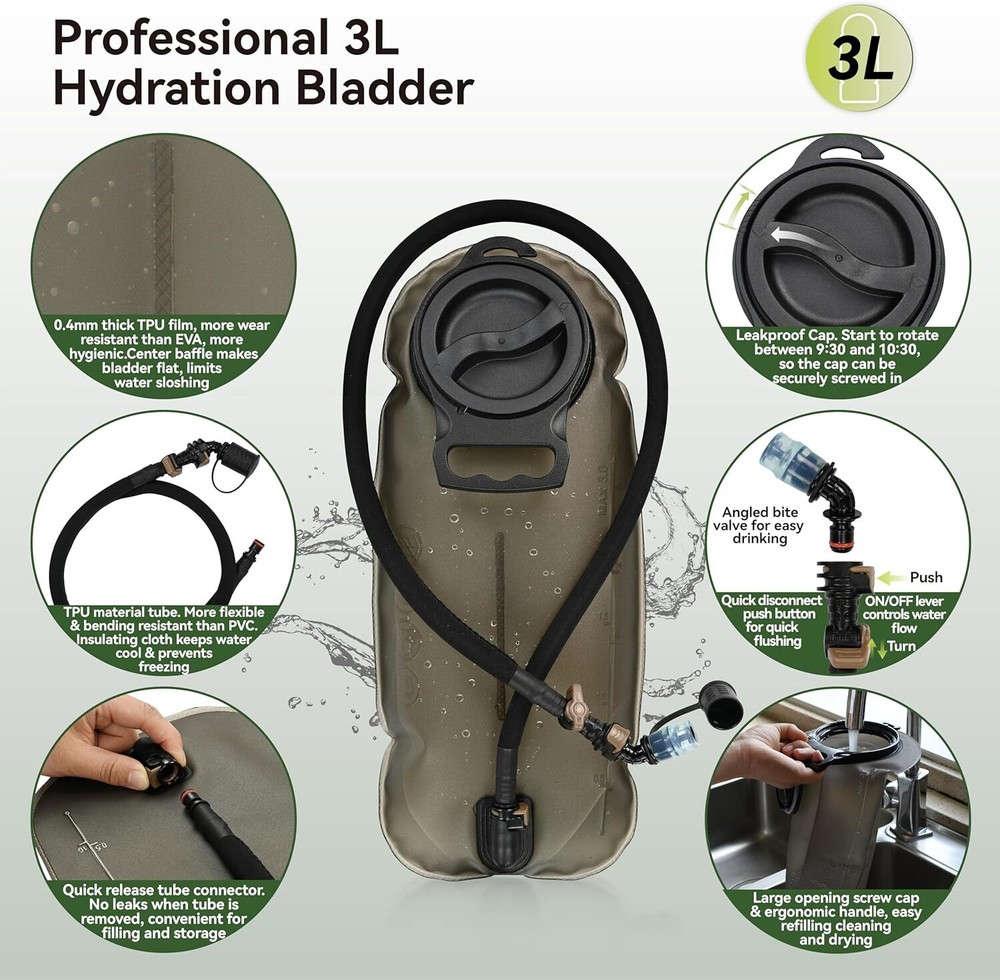 Hydration backpack with 3L TPU water bag, military backpack