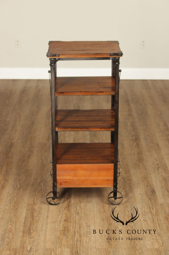 Industrial Rustic Pine And Iron Rolling Shelf With Drawer