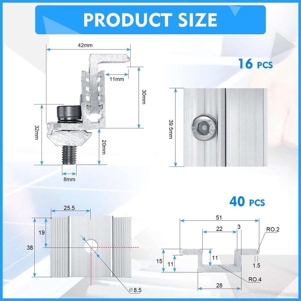 1.06" Solar Panel Mount Bracket 56pc Adjustable Aluminum End & Mid Clamps