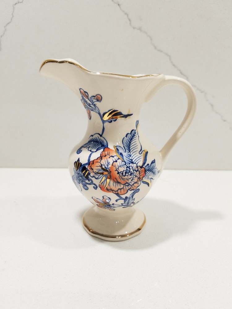 Mason's England Cathay Pattern: Blue & Rust Flowers, Gold Trim Small Pitcher 5"