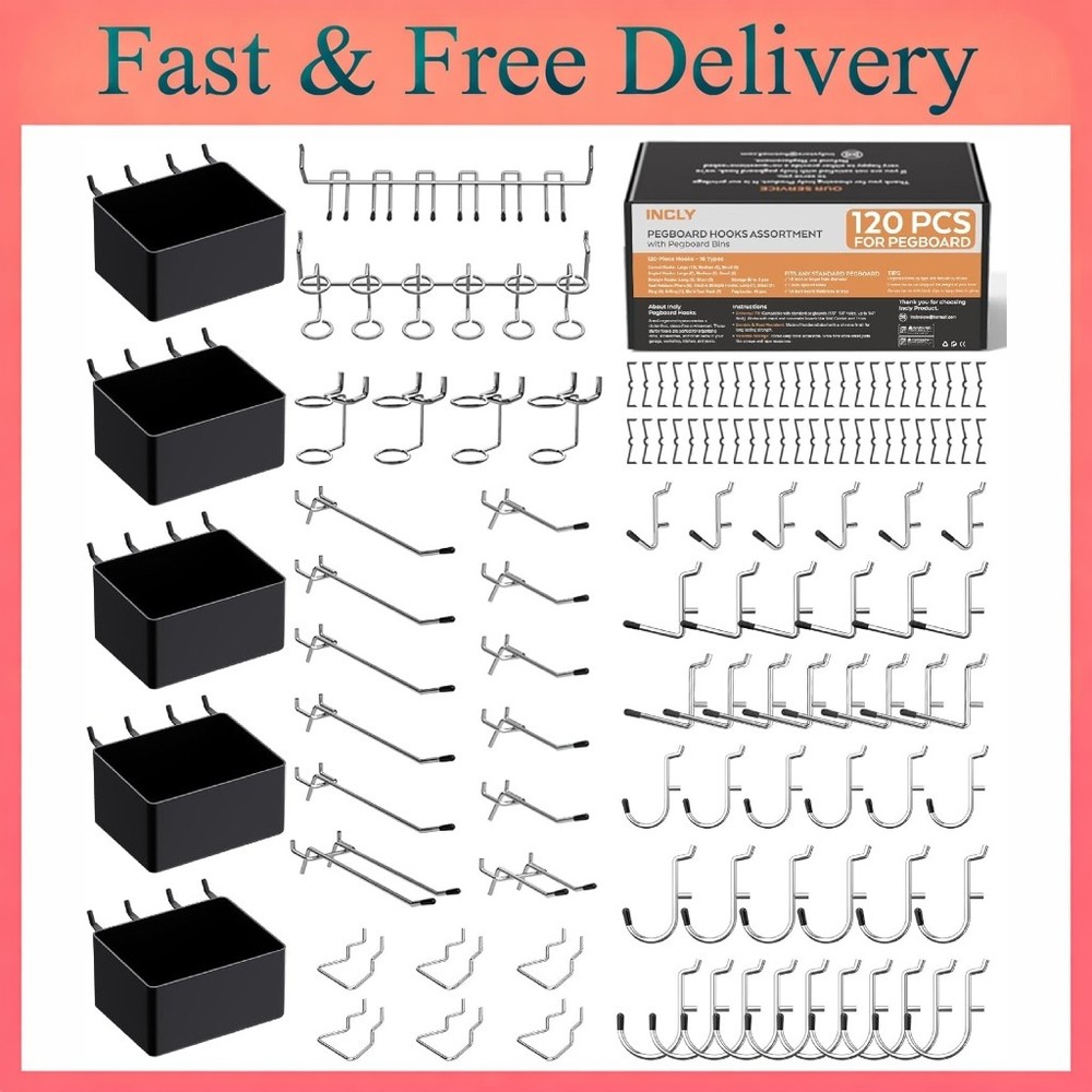 120PCS Pegboard Accessories Organizer Kit, Peg Board Hooks Assortment with Bins