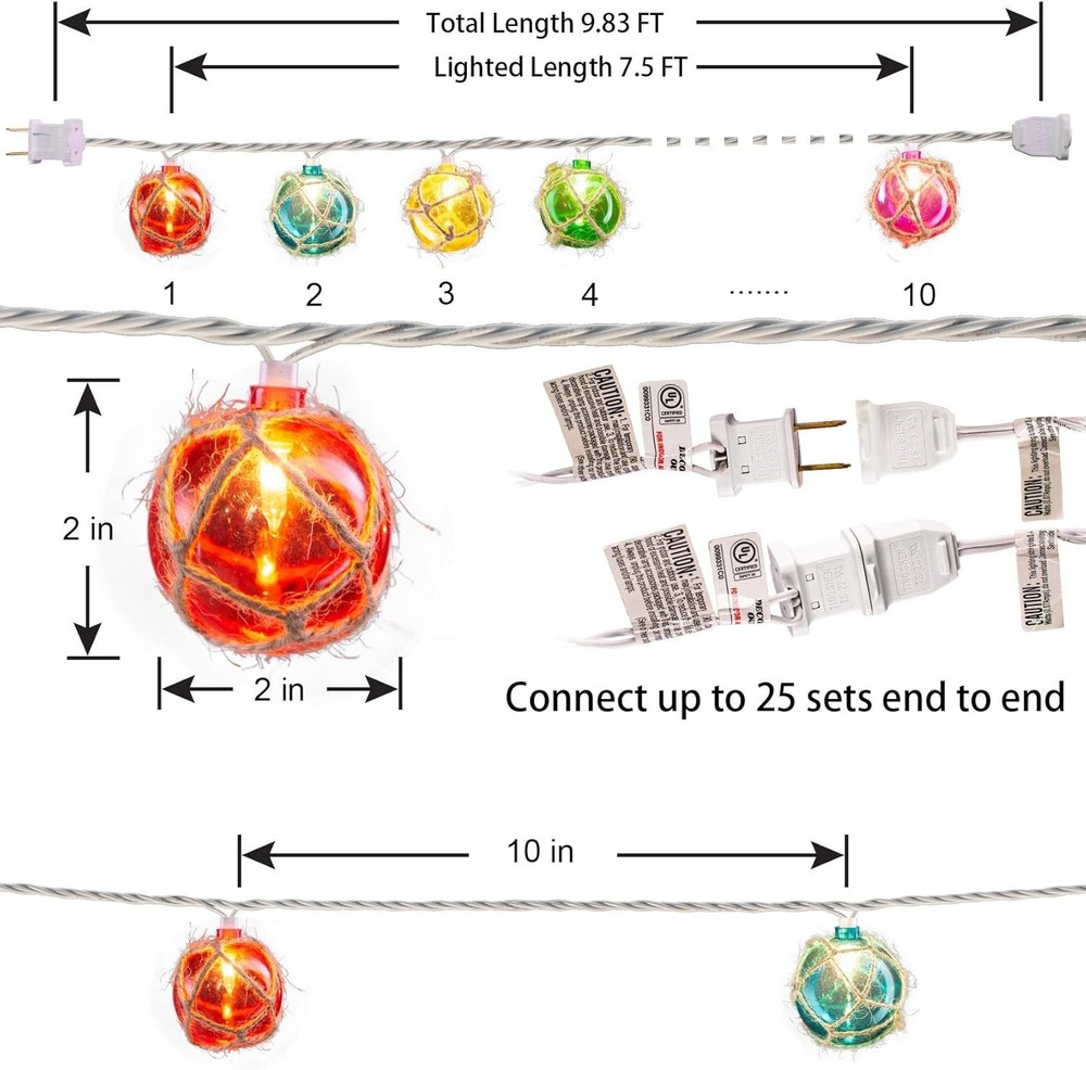 Nautical Fishing Float String Lights Set, 10 Multicolor Waterproof Decor