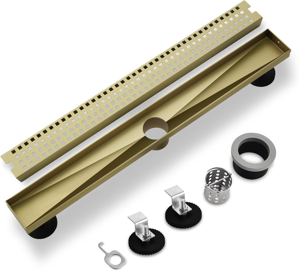 24 Inch Linear Shower Drain - Brushed Gold 304 Stainless Steel Rectangular Floor