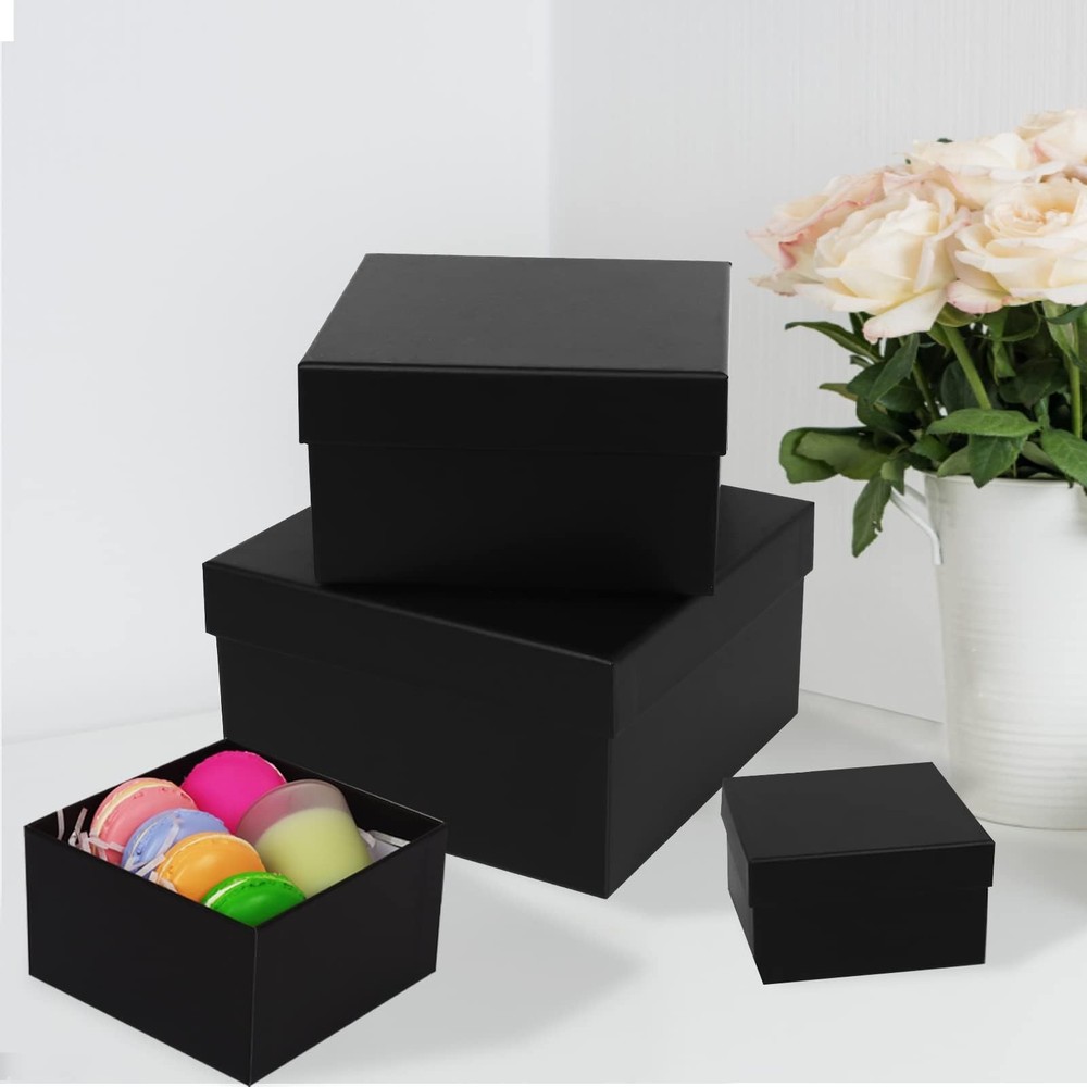 4 Pack Large Nesting Gift Boxes with Lids, 3.7"-6.4" Assorted Sizes Black Squ...