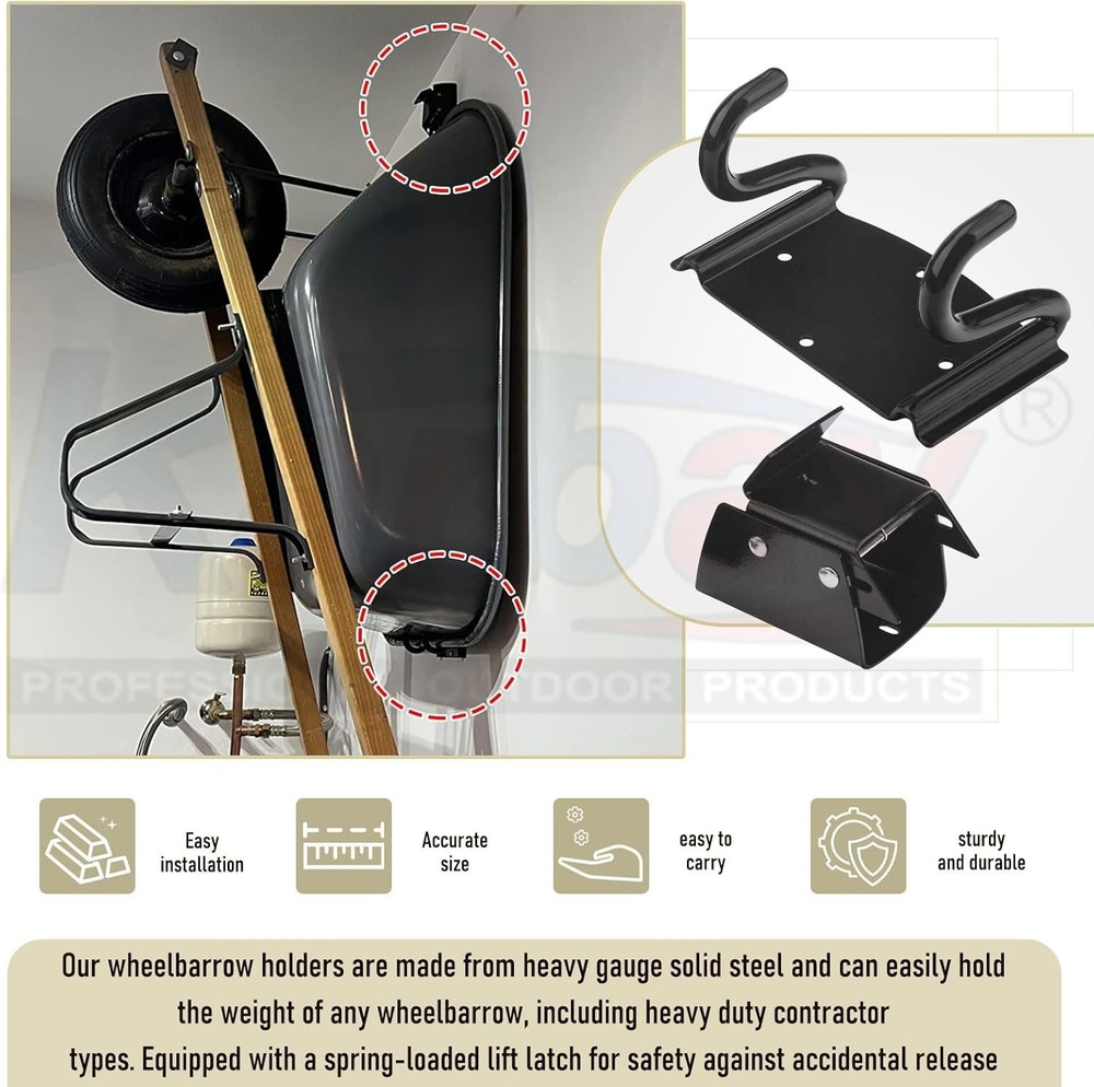 Wheelbarrow Storage Bracket - 90 lbs Capacity, Heavy Duty Hook Black