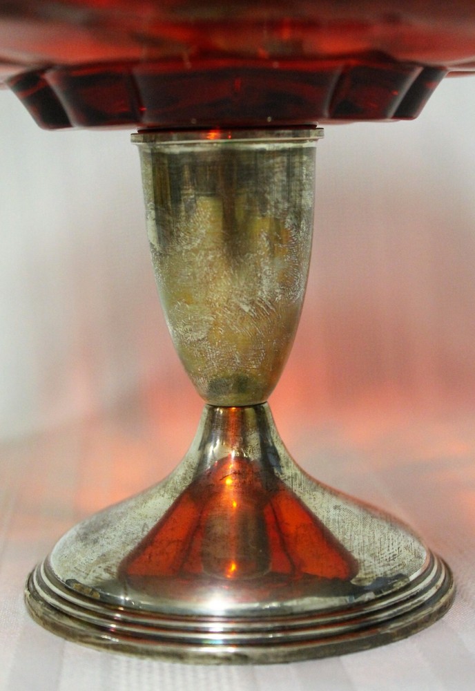 Vintage Ruby Glass & Sterling Silver Footed Compote Dish Bailey Banks & Biddle