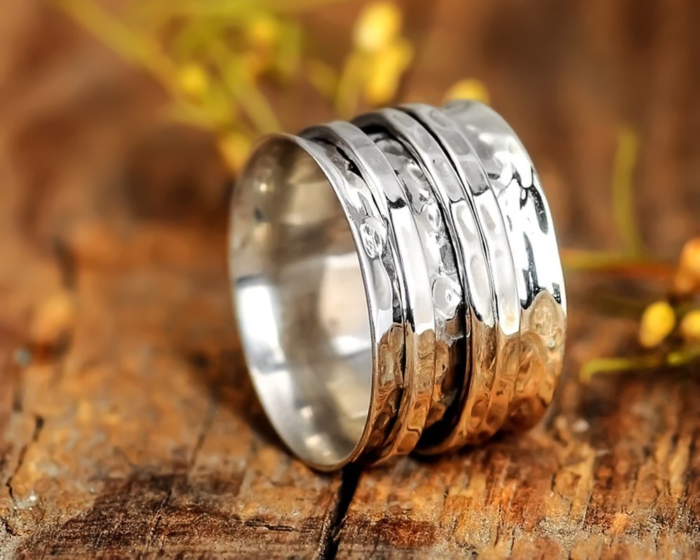 Solid 925 Sterling Silver Spinner Worry Meditation Hammered Band Handmade Ring