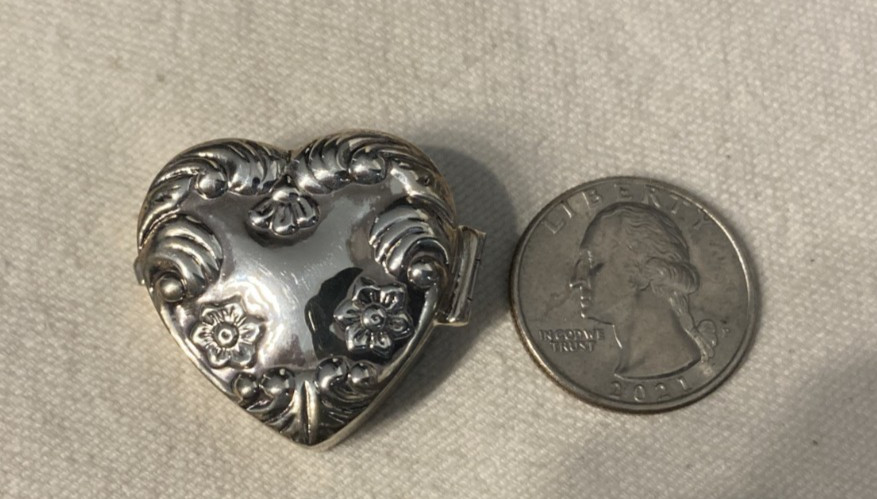 Sterling silver vintage repousse heart shaped pill box