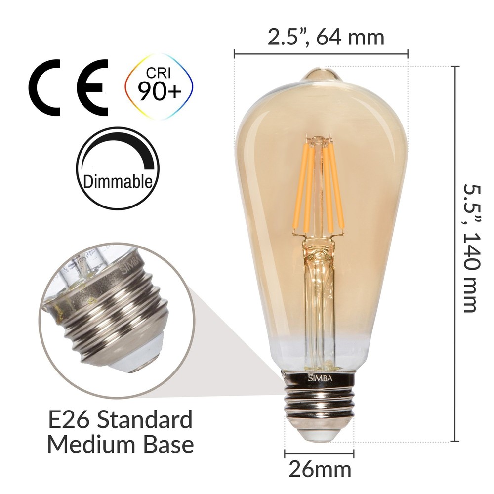 [6 Pack] LED Edison Filament ST21 6W 60W 120V Dimmable E26 2200K Warm Amber