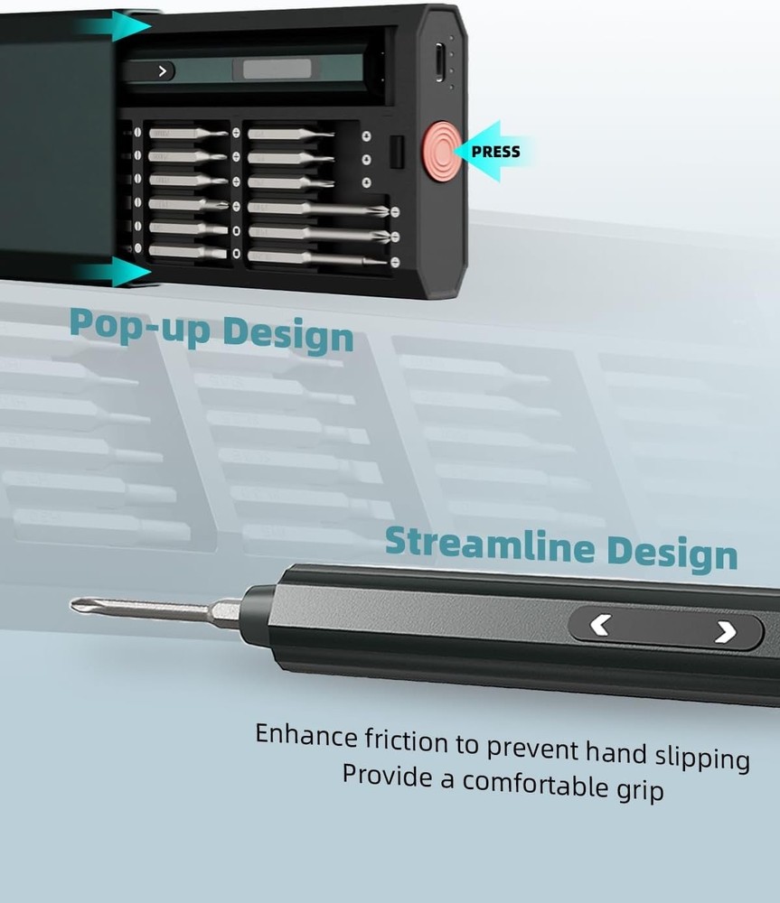Mini Electric Screwdriver with Pop-Up Storage & 48 S2 Bits for Electronics