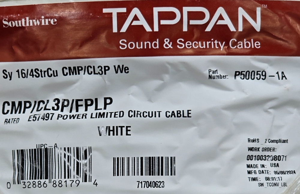 Southwire/Tappan P50059 16/4C Stranded Plenum Control/Security Cable White /50ft