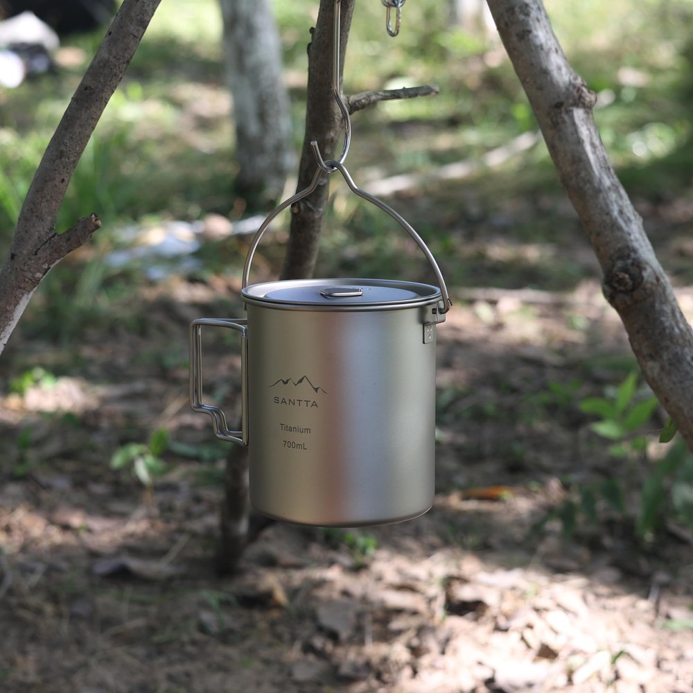 Titanium Camping Cookware Set – 700mL Pot with 380mL Drink Cup & Foldable Spo...
