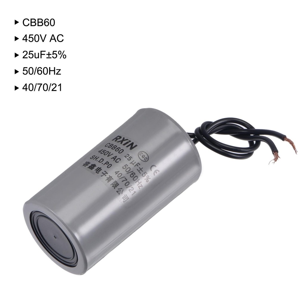 CBB60 Wired Capacitor Start Run Motor Generator Compressor 25uF 450V 50/60Hz