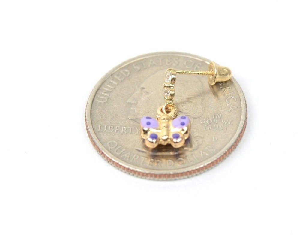 14K Solid Yellow Gold Butterfly Dangle Earring with Enamel