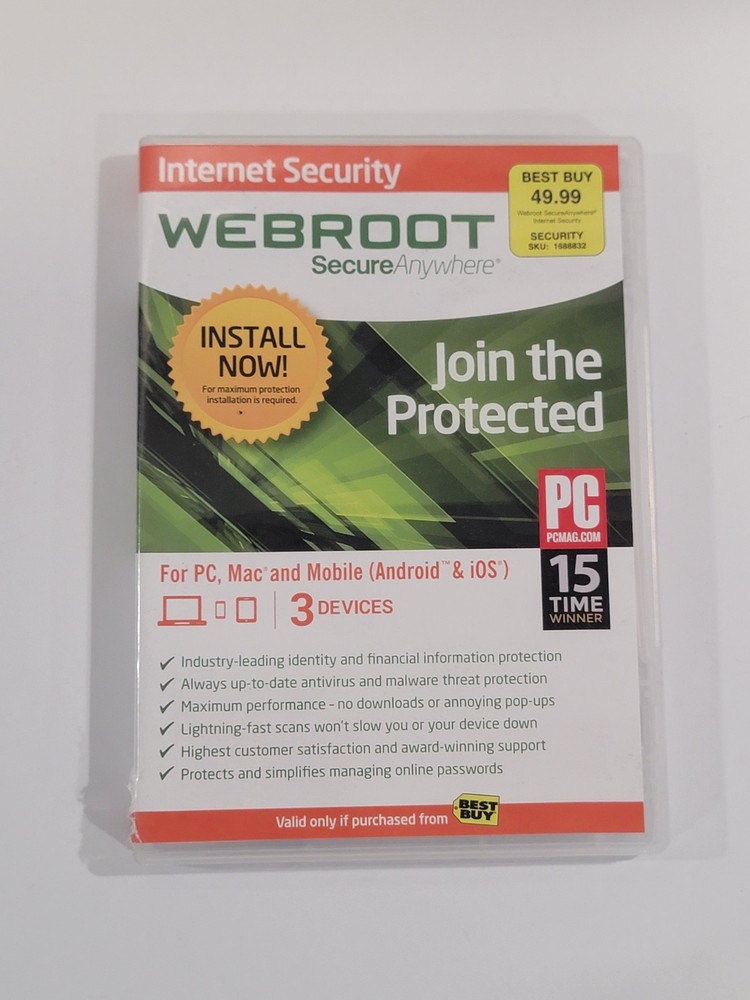 Webroot Secure Anywhere Internet Security w Antivirus PC Mac Mobile 3 Device