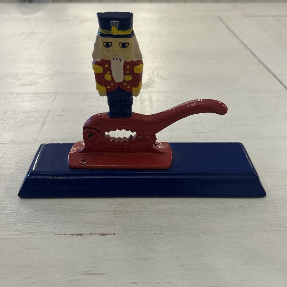 Vintage Nut Cracker with Cast Iron Nutcracker on Wood Base 2004