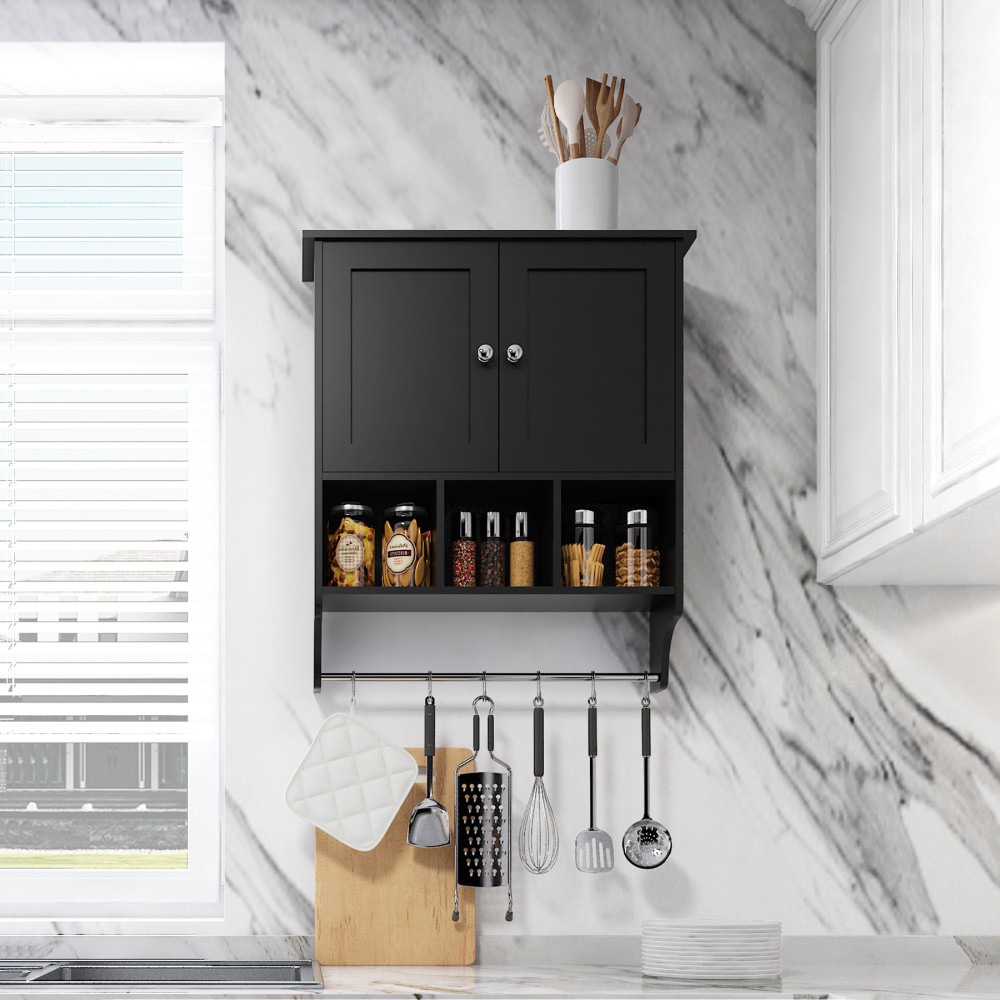 Bathroom cabinet with adjustable shelves and compartments, includes towel rack