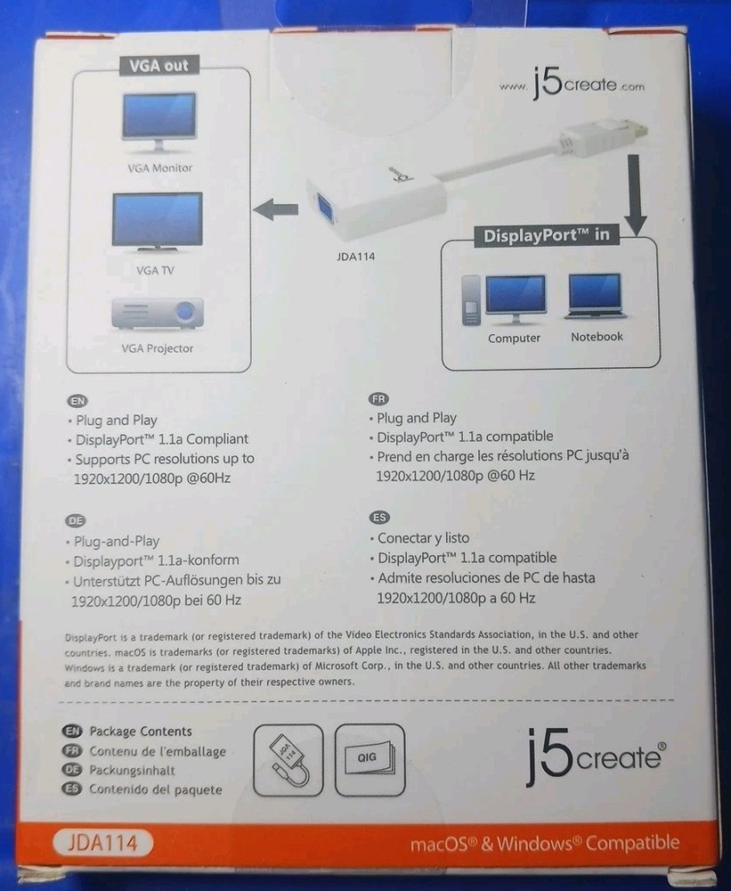 j5Create DisplayPort to VGA Adapter JDA114 -NEW!