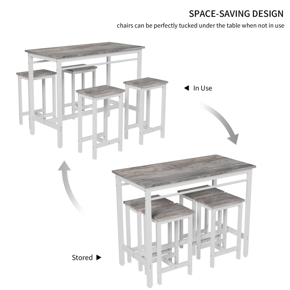 Modern 5 Piece Bar Table Set Counter Height Dining Kitchen Table w/ 4 Bar Stool