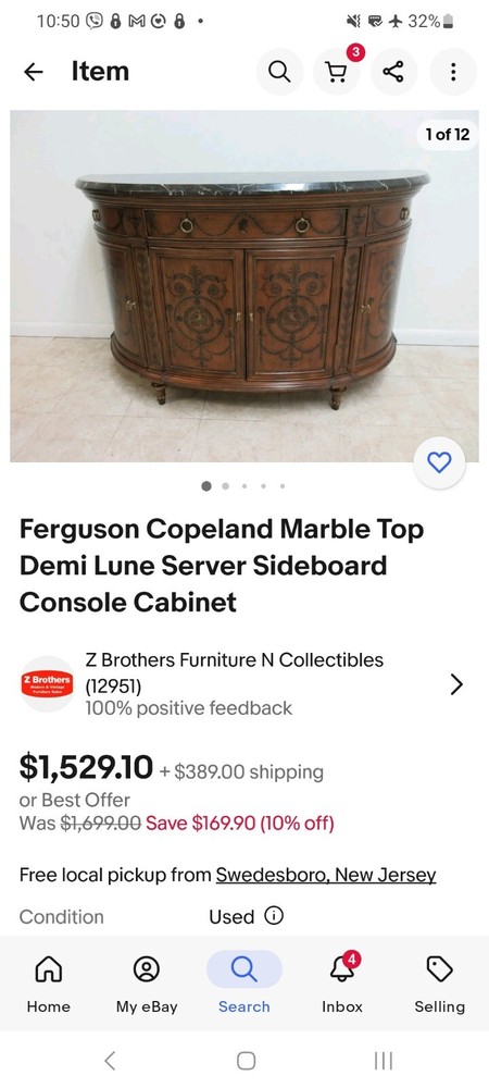 Ferguson Copeland Marble Top Demi Lune Server Sideboard Console Cabinet