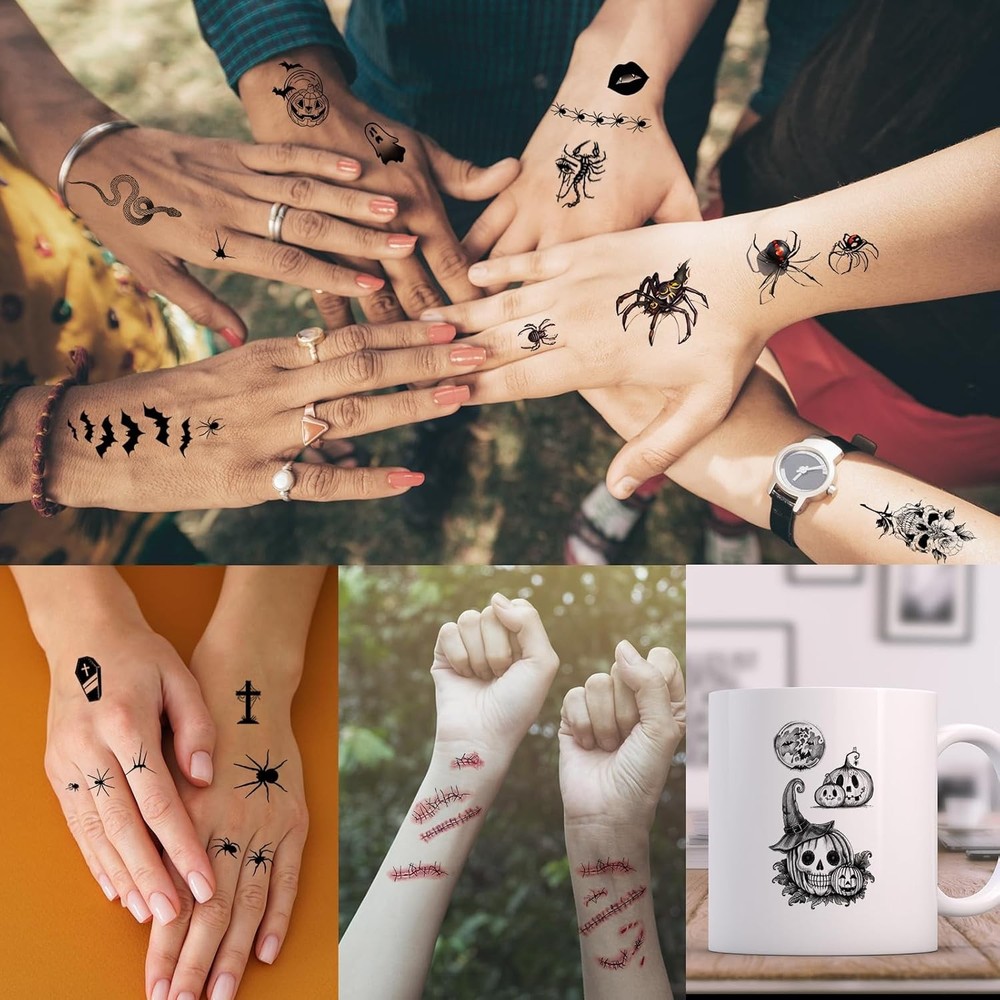52 Sheets Black Halloween Temporary Tattoos for Large, Tiny, Black(52 Sheets)
