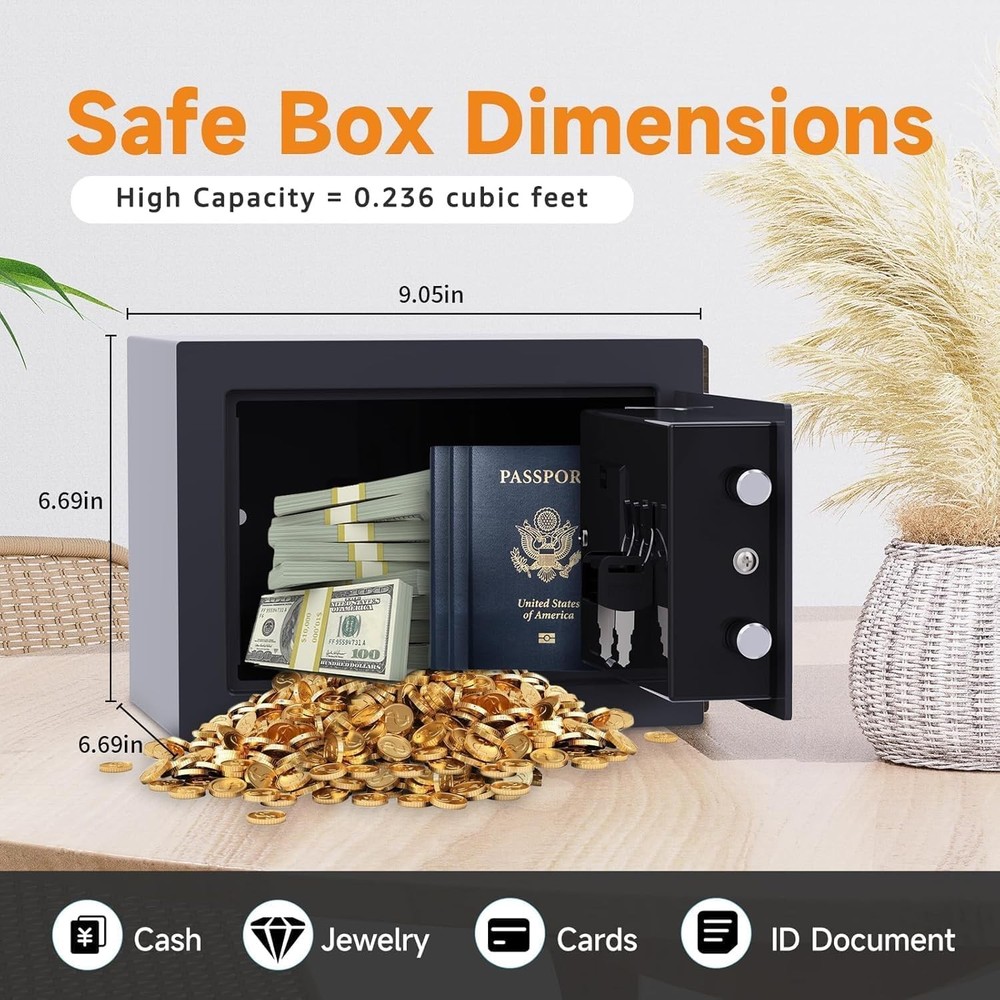 Small Safe Box for Money with Code and Keys，Solid Mini Safe for Kids with Dig...