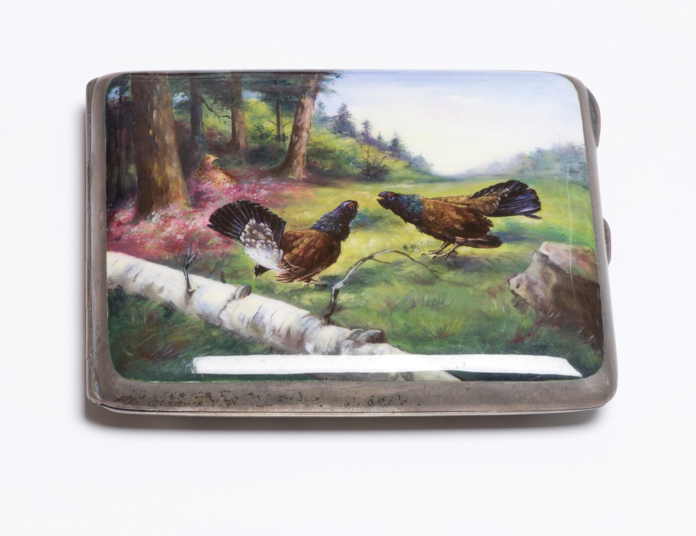 Antique Silver Enamel Rooster Fight Cigarette Case