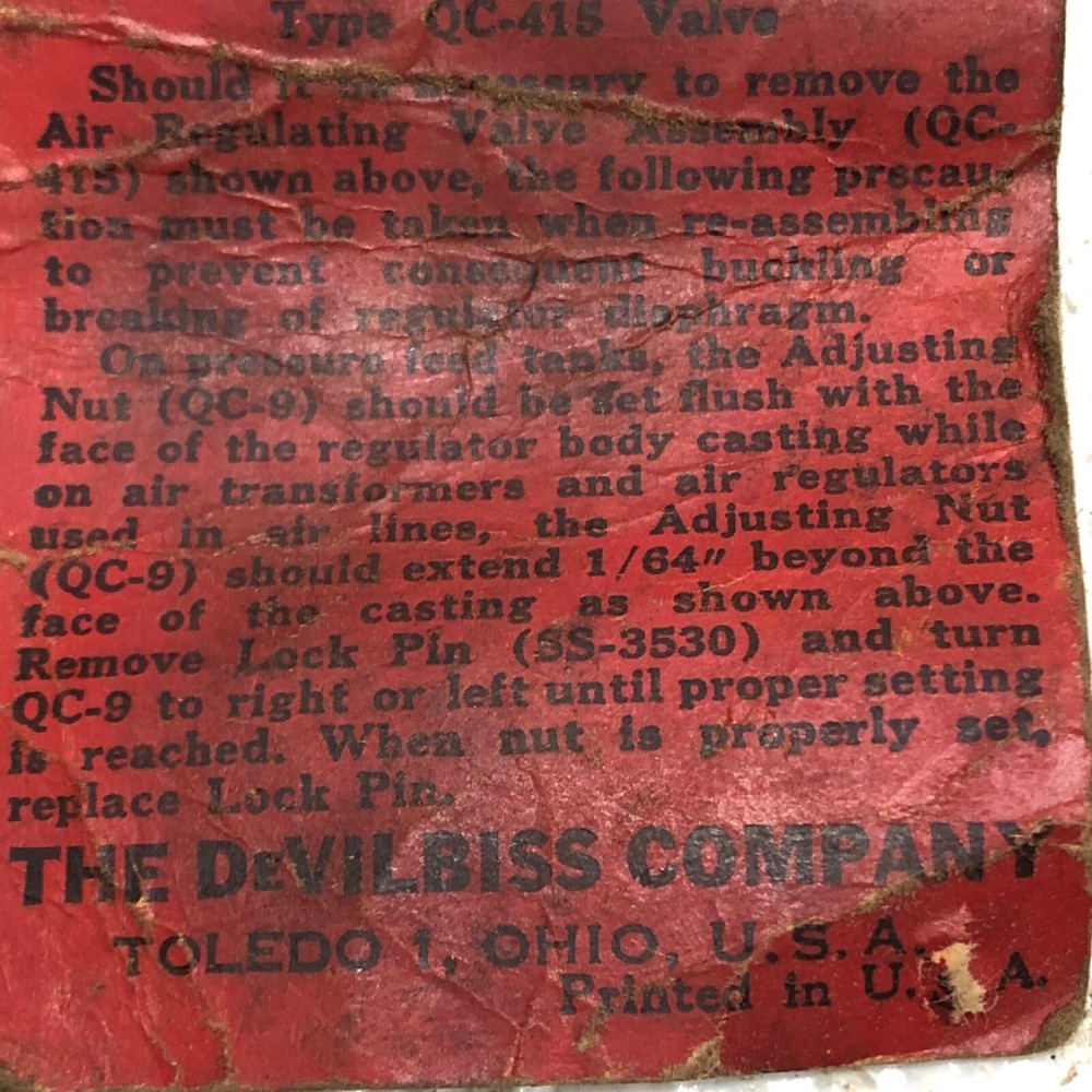 The DeVilbiss Co Air Regulating Valve QC-415