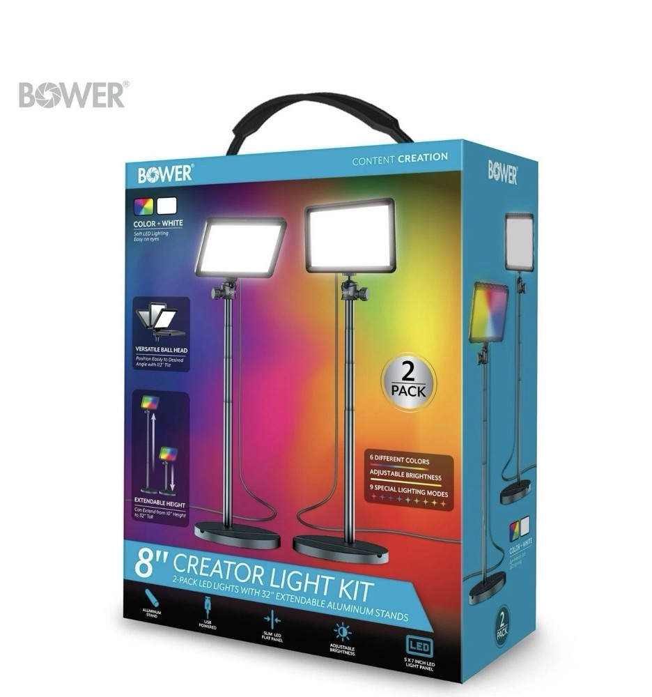 NEW Bower 8” RGB LED Creator Light Kit 2-Pack w/ 32” Extendable Stands