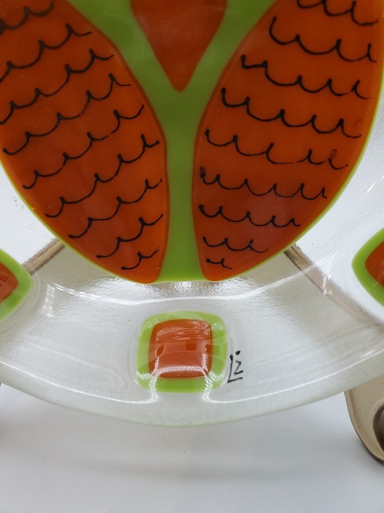 Fused Art Glass Bowl Owl Signed Lz
