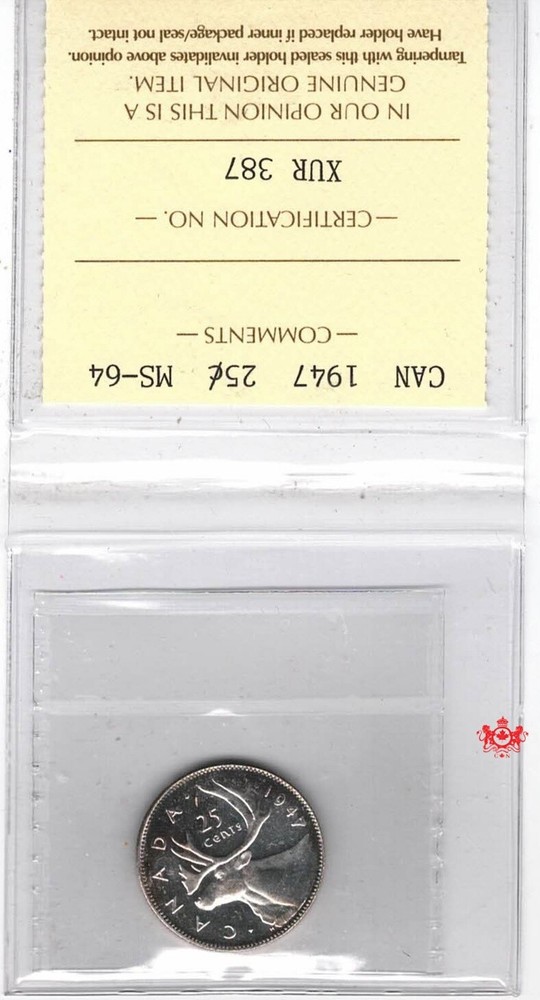 1947 Canada 25 Cents - ICCS MS64 - KUR 387