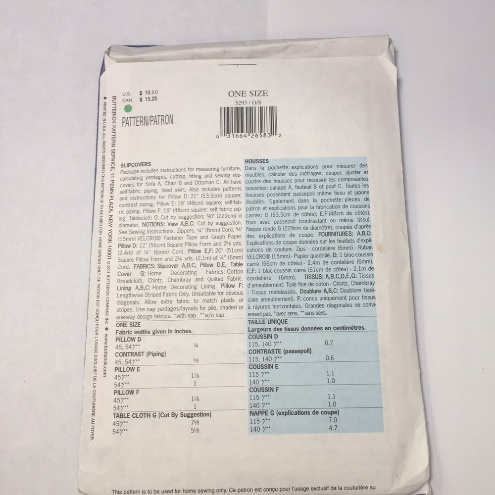 Butterick 5293 Slipcovers
