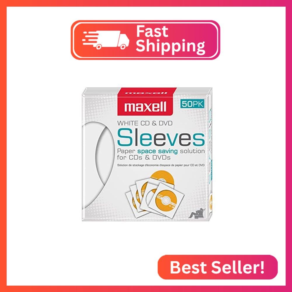 Maxell 190135 Protective Thin Clear Plastic Easy Storage CD & DVD Sleeves White