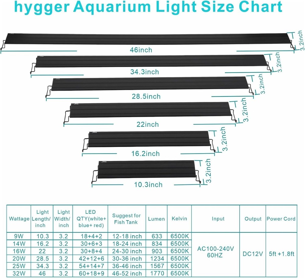 Aquarium Light 9W Full Spectrum Metal Shell Extendable Brackets LED for Fish ...