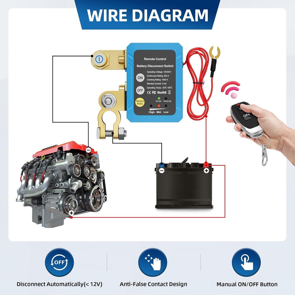 Kill Switch 12V 240A Remote Battery Disconnect Switch Automatic Power Shut off S