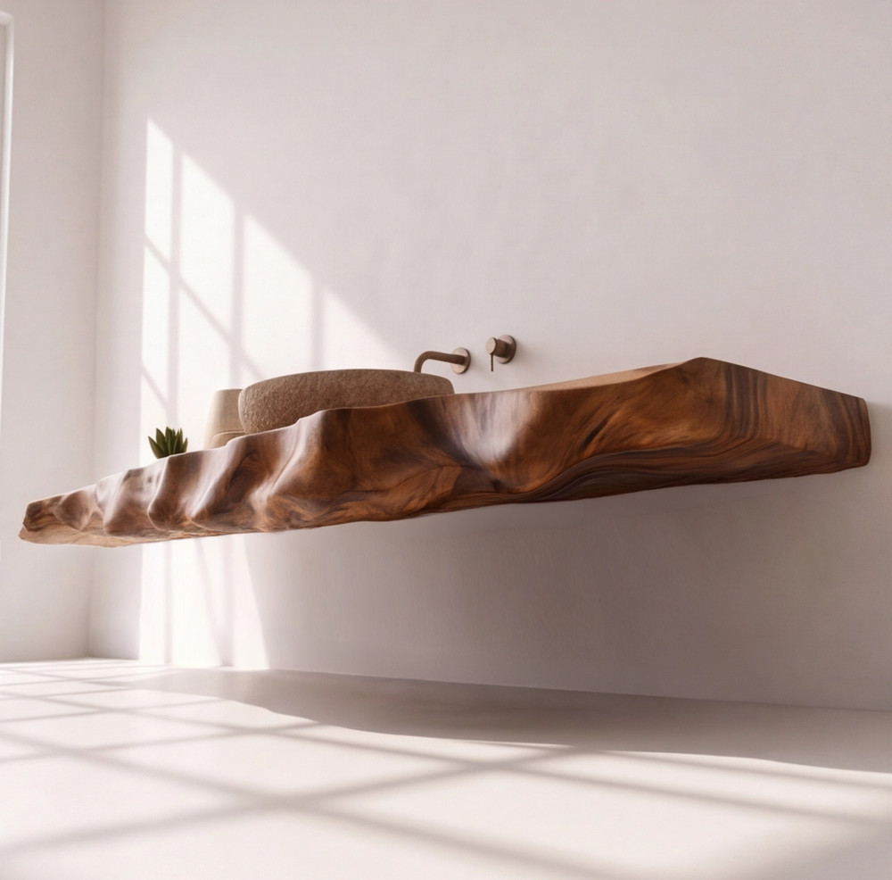 Bathroom Vanity Modern Rustic Solid Wood Live Edge Floating Sink CounterBathroom