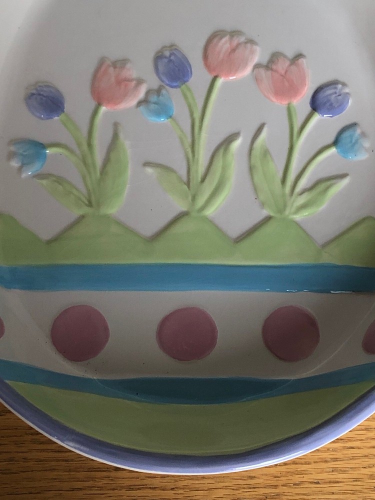 BLOSSOMS & BLOOMS CERAMIC EASTER Egg BOWL TULIPS EGGS EMBOSSED