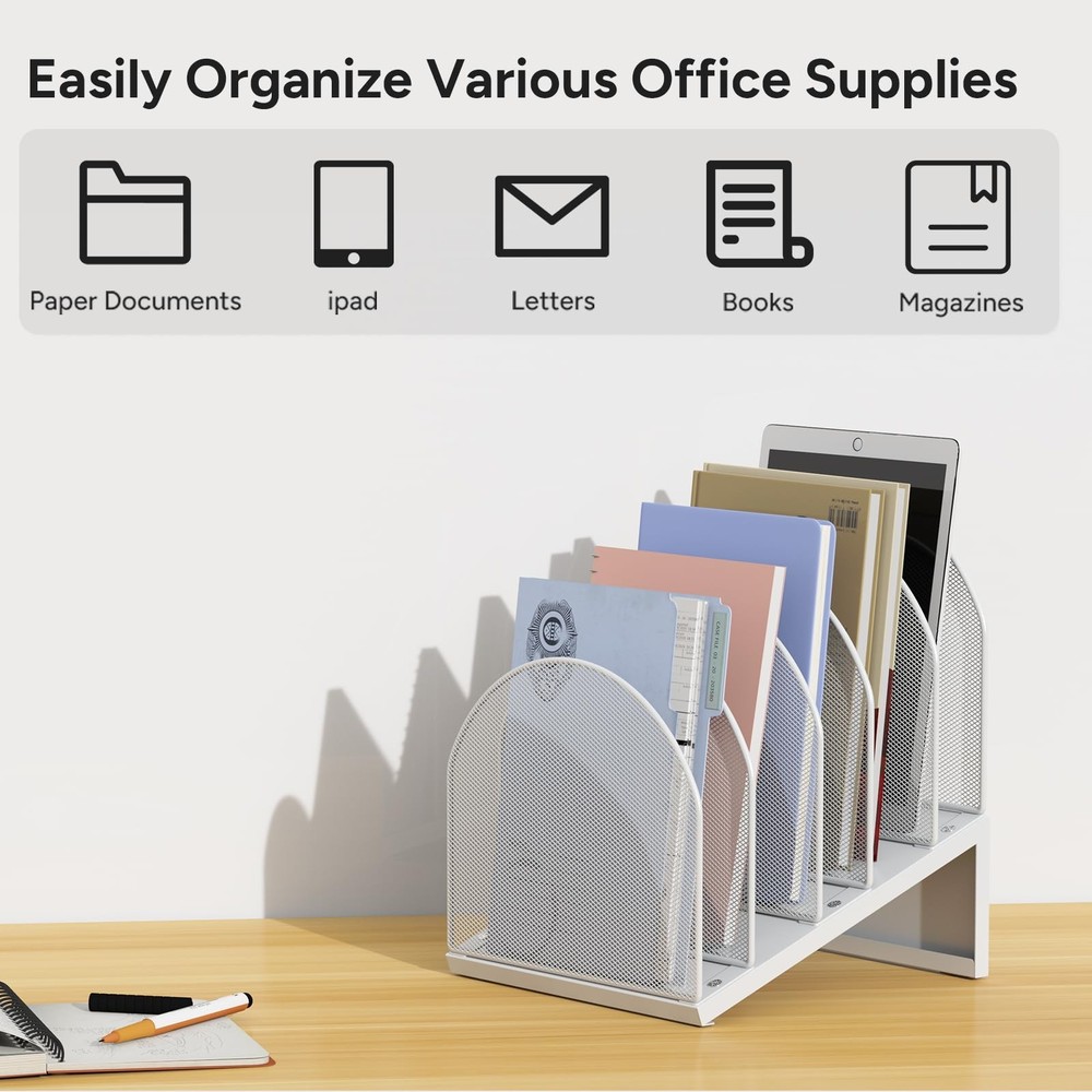 5Section Desk File Organizer Metal Mesh Folder Documents Mail White 1 PCS