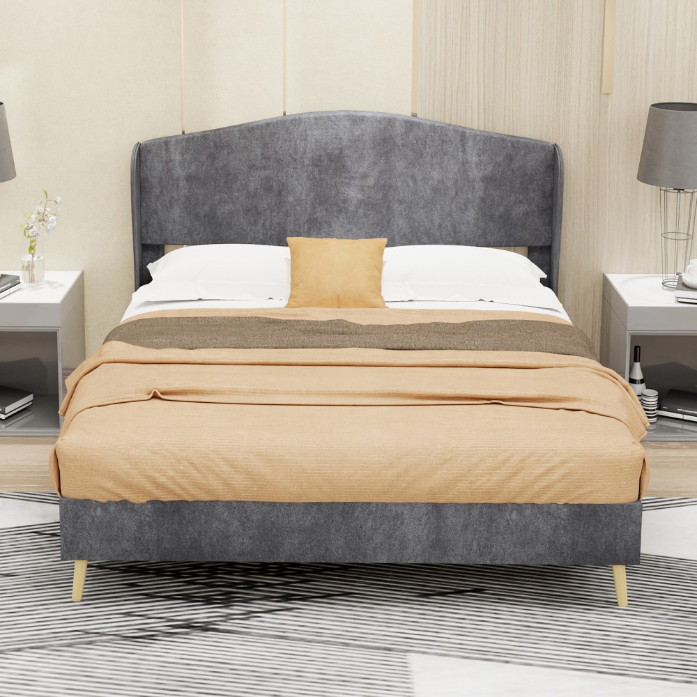 Platform Queen Bed Frame with Velvet Tufted Headboard, Supportive, Beige